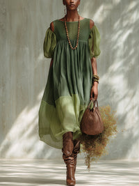 Green Chiffon Off Shoulder Short Sleeve Midi Dress