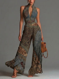Bohemian Ethnic Print Sleeveless Zipper Pleated Wide-leg Chiffon Jumpsuit